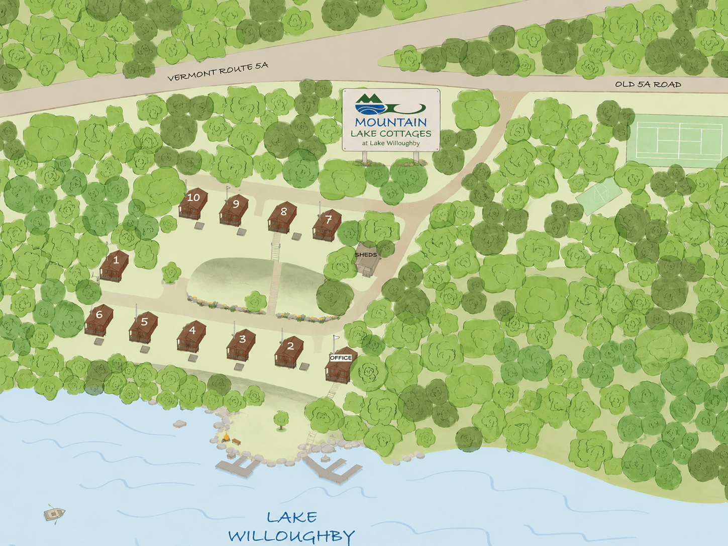 Illustrated map of Mountain Lake Cottages showing all ten cottages, the office, dock, and tennis court along Lake Willoughby